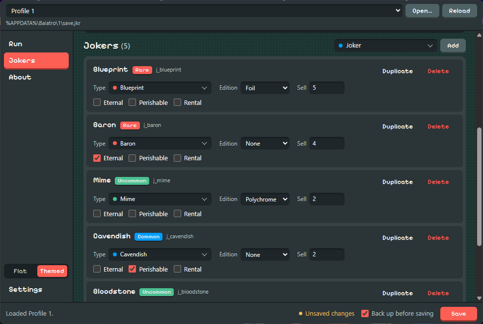 Joker list showing type, edition, sell value and sticker controls for five jokers