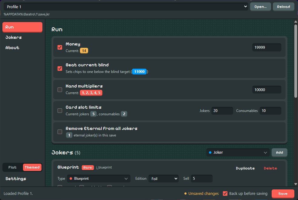 Balatro Save Editor window with the money and beat-blind options ticked